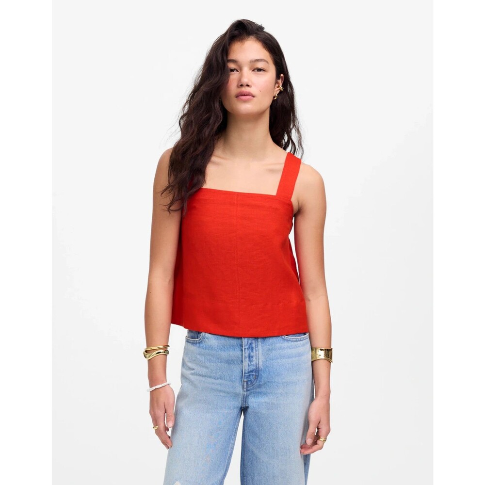 Madewell XL Contrast Stitch Squareneck Cropped Top 100% Linen Bright Flame NWT